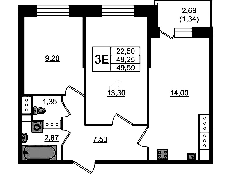 2-комнатная квартира 49.59 м², 22/23 эт., ЖК «Живи! В Рыбацком»